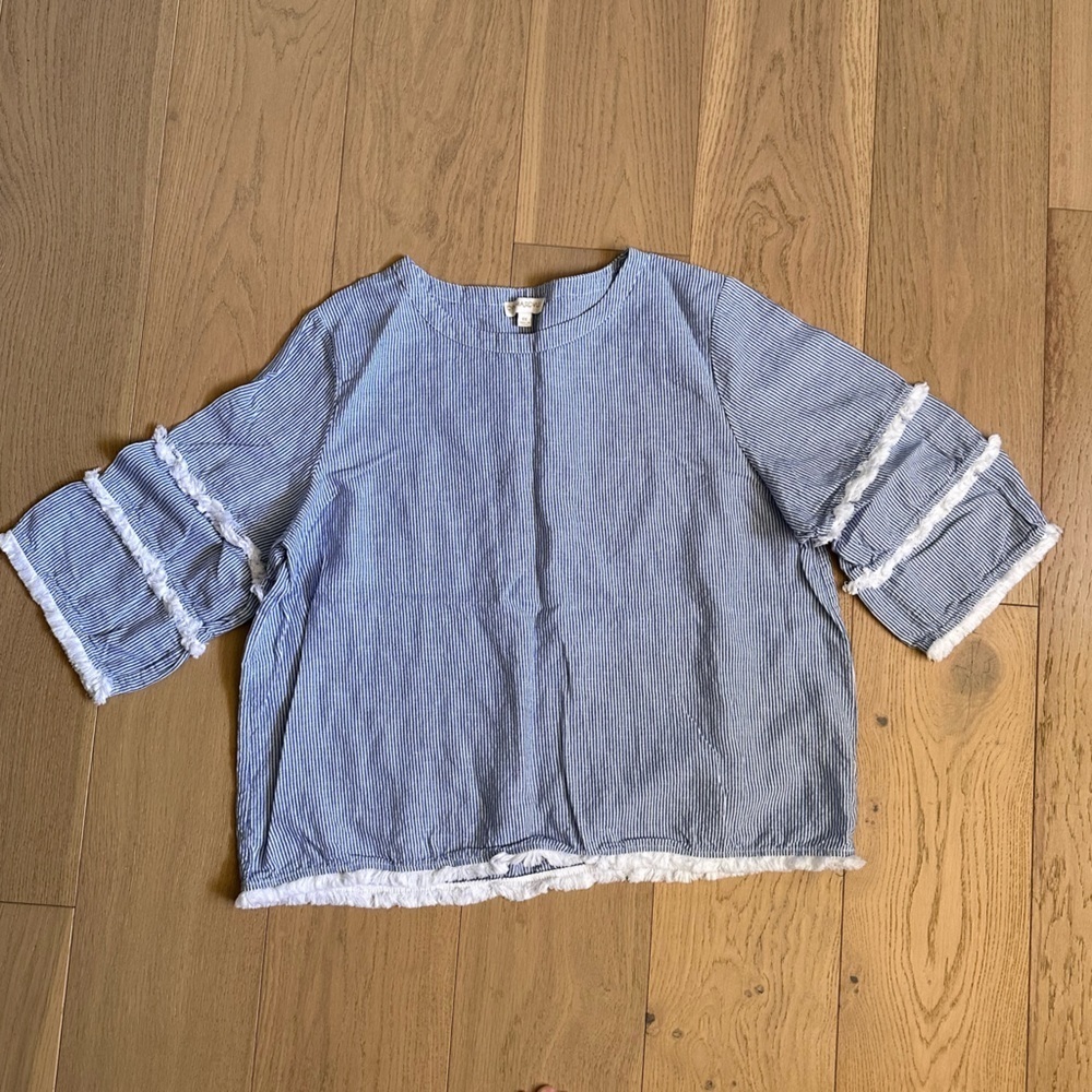 Cynthia rowley striped blue white ruffle linen short sleeve top shirt size 1x